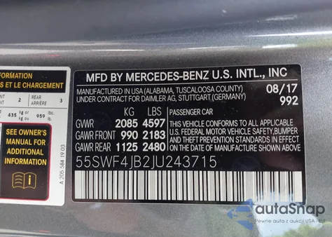 2018 Mercedes-Benz C 300 из США, поврежденный, VIN 55SWF4JB2JU243715